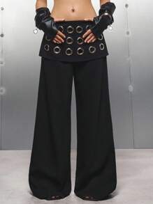 LYSMO 2025 New Minimalist Fall Women's Eyelet Design Wide Leg Loose Fashion Suit Pants - Black - View 5