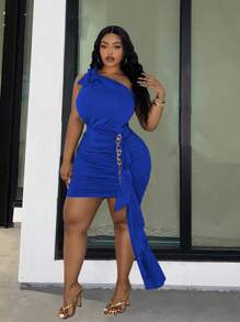 Slaydiva Slayr Plus 优雅高端弹力针织紧身棕色不对称系带链条装饰荷叶边下摆连衣裙 - L - 藍色 - 查看 1