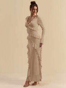 SHEIN BAE Vestido largo con volantes de manga larga, romántico de otoño, elegante para citas, viajes, ropa interior de otoño, adecuado para el Día de San Valentín, lazos, vestidos elegantes para mujer, vestidos de fiesta, vestidos formales para mujer, vestidos midi para mujer, vestidos de verano, malla, mangas transparentes, vestidos casuales, vestidos de novia para damas, curvas plus, vestidos de cumpleaños talla grande, curvas, vestidos de gala, verano, otoño