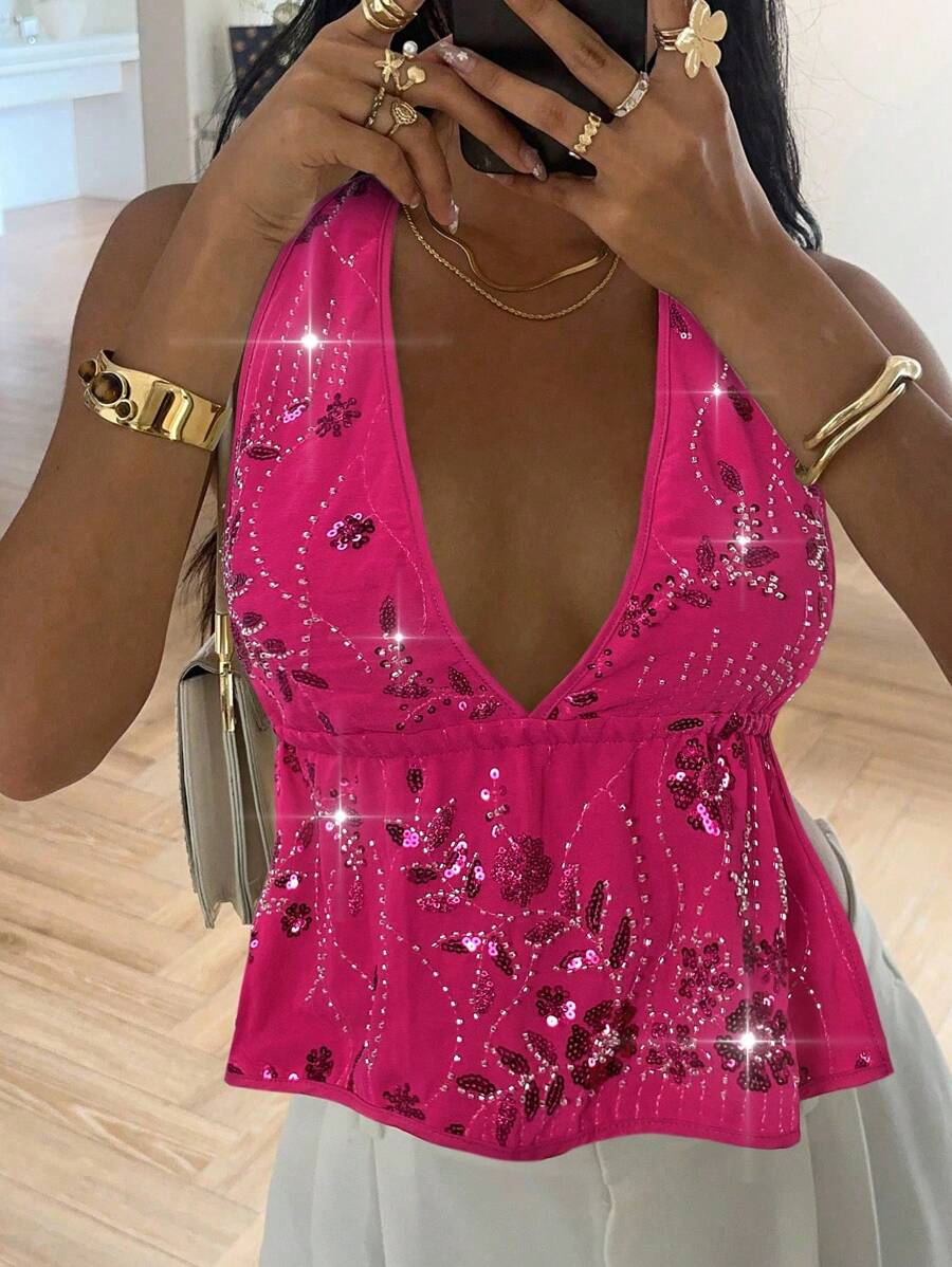 Serisse Áo ba lỗ hở lưng thêu sequin mới mùa hè dành cho nữ - Màu Hồng Tươi - Xem 1