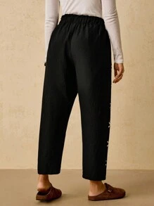 Travachic Plus Size Women's Black Casual Pants, Floral Cutout Straight Leg Trousers Baggy Pants Wide Leg Pants Woman Beach Resort Wear Women Ibiza Boho Pants - Black - View 2