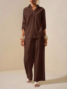 Zivah New Summer Casual Elegant Vacation Daily Dating Commuting Work Wear Simple Basic Style Lapel Long-Sleeved Drop Shoulder Loose Shirt + Wide-Leg Ultra-Long Pants White Women's Two Pieces Suit Blouse And Pants Set 2 Piece Linen Sets Woman Brown Outfit Women - Brown - View 5