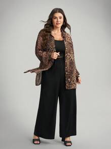 Comfylo Flowy Sheer Leopard Print Plus Size 2 Pieces Set: Blouse And Wide Leg Pants Plus Size Pants Set Animal Print Plus Size Cheetah Print Outfit Women Chic Winter Winter Party Fall Halloween Christmas