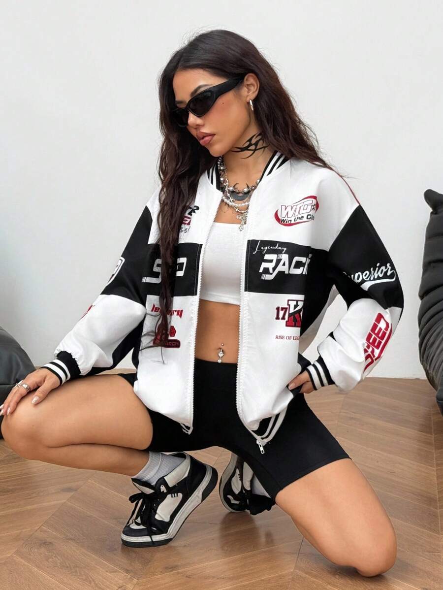 Coolane Women's Fall/Winter Streetwear Blokecore Color-Blocked Letter Pattern Print Baseball Jackets For Back To School - White - View 1