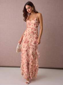 Enchnt 秋冬浪漫女士优雅粉色花卉印花拼布荷叶边下摆修身优雅吊带长裙，甜美优雅，适合度假、约会、节日、派对、毕业典礼、婚礼宾客和海滩、舞会礼服、优雅派对礼服 - 粉色 - 查看 4