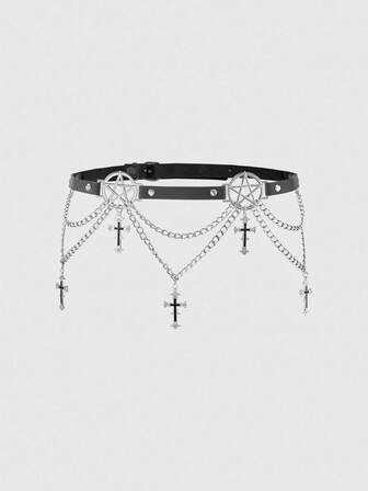 Goth 1 pezzo Decorazione a catena a doppio strato da donna, con stella a cinque punte traforata, goccia di olio nera, croce di cristallo, stile punk scuro, adatta per abiti, jeans, uso quotidiano, accessori per Ognissanti