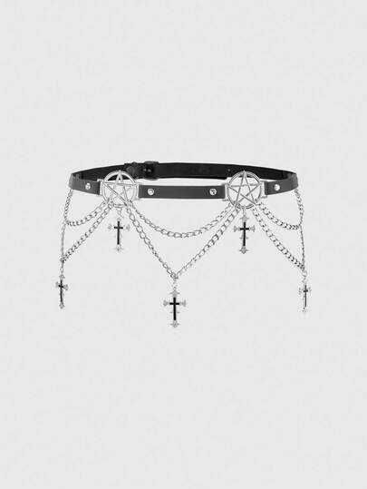 Goth 1pc Women's Hollow Five-Pointed Star, Black Oil Drip, Crystal Cross Decor Double-Layer Chain Decoration, Dark Punk Style Chain Belt, Suitable For Dresses, Jeans, Daily Wear, Halloween Accessories