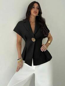 Firerie Women's Casual/Office Linen Ruched Waist Short Sleeve Shirt With Metal Button, Navy Blue,Elegant Women's Blouses - Black - View 5