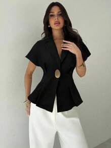 Firerie Women's Casual/Office Linen Ruched Waist Short Sleeve Shirt With Metal Button, Navy Blue,Elegant Women's Blouses - Black - View 7