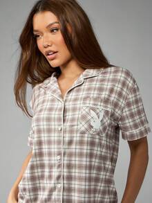 Missguided x Playboy Christmas Button Up Collared Checked Pajama Set With Shorts - Multicolor - View 4