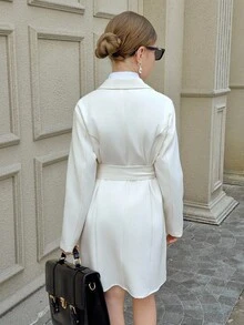 Tween Girls Daily Commute British Style Long Waist Cinched Pleated Tie Slim Fit Jacket, Suitable For Daily Commute Wear - White - View 2