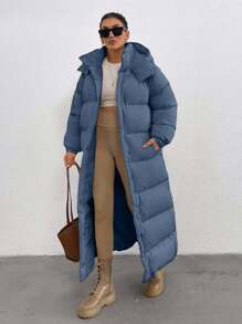 EURMUSE Keep Warm Feature, Maxi Lenght, Side Popper Detailed Puffer Winter Coat - Blue - View 3