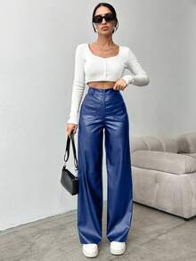 EURMUSE Women's Solid Color High Waist Straight Leg Pants, Suitable For Commuting - Navy Blue - View 5