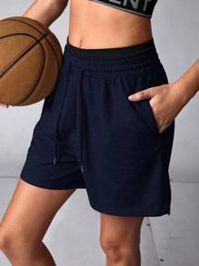 SHEIN Sports 休闲纯色抽绳腰宽松运动短裤 - 寶藍色 - 查看 7