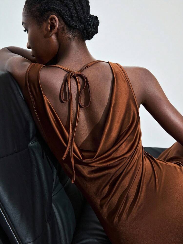 SHEIN Maija Seductive Coffee Brown Summer Maxi Dress For Women,Elegant Plunging Neckline Backless Cowl Neck Night Out Slip Dress,Old Money Wedding Guest Outfit