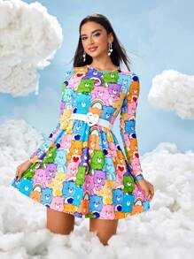 SHEIN X Care Bears 可爱满版印花长袖短款连衣裙