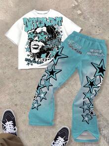 SHEIN Bolty Tween Boy Casual Classic Cool Character Portrait & Text Print Crew Neck T-Shirt, Star Print Flare Pants 2 Pieces Set, Suitable For Summer - Multicolor - View 2