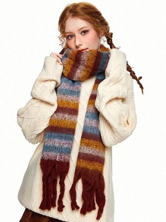 Grunge Punk 1 pieza Bufanda a rayas con bloques de color, bufanda gruesa, cálida y suave para el invierno, bufanda rectangular grande, adecuada para combinar a diario