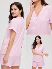 LUVLETTE 女士透气棉粉色新娘内衣套装，短袖纽扣上衣和短裤，轻盈舒适，可爱睡衣套装，带口袋，浪漫居家舒适内衣，也适合少女、年轻女孩和儿童穿着，春夏婚礼必备单品。 - 粉色 - 查看 2