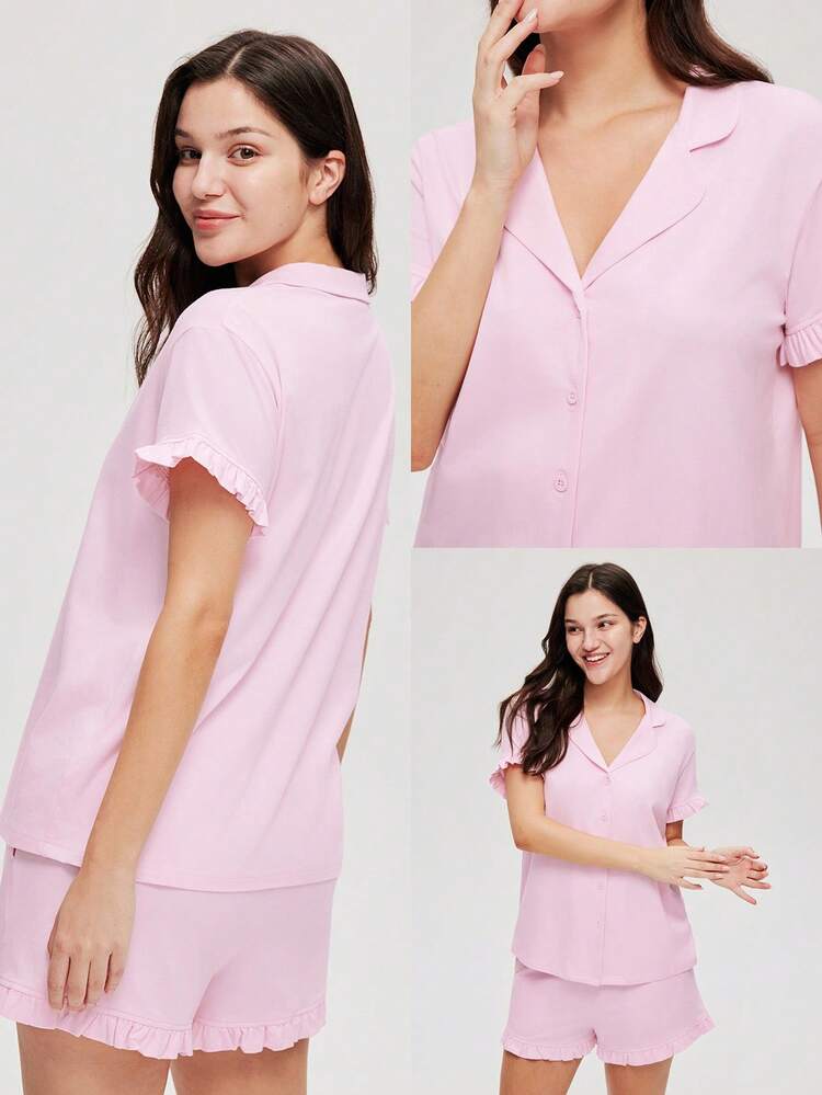 Femmes Sous-vêtements de mariée en coton rose respirant, Top à manches courtes avec boutons et shorts. Ensemble de pyjama aéré et mignon avec pantalon à poches. Lingerie romantique et confortable pour la maison. Également adapté aux adolescentes, jeunes filles et enfants. Ensemble de boxeur, articles de mariage de printemps et d'été, pyjamas en coton