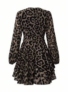 SHEIN Clasi Celure Plus-Size Retro Leopard Print Printed V-Neck Long-Sleeved Casual Mini Dress Suitable For Dates, Commutes And Daily Wear Fall Cloth For Women - Coffee Brown - View 2