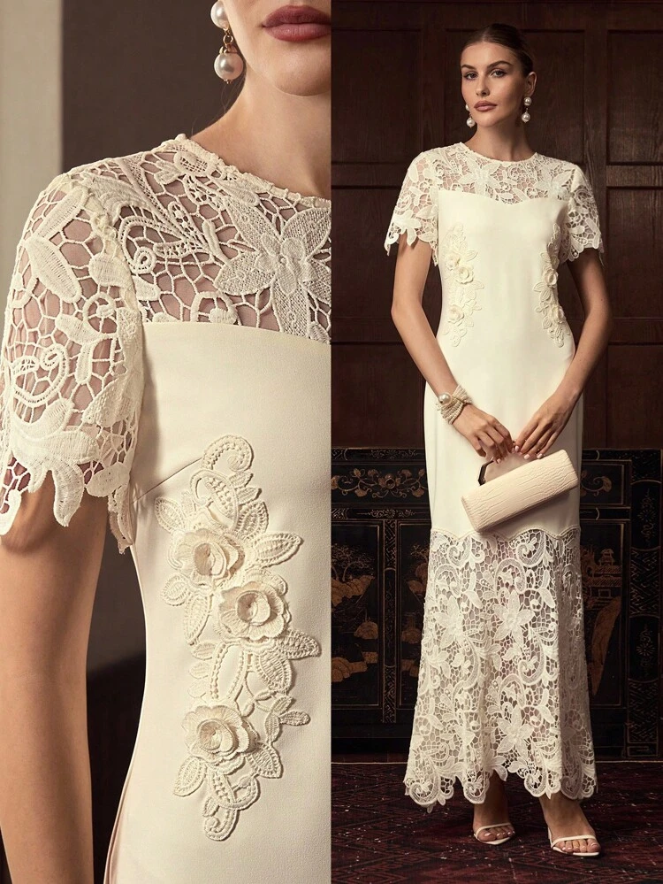 ZEYLAH Vestido ajustado de cuello redondo de manga corta con encaje bordado extra largo para mujer, para otoño/invierno