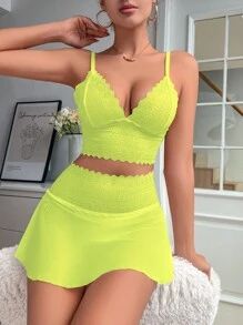 SHEIN 2pcs Lace Contrast Mesh Wireless Sexy Lingerie Set For Women, Going Out - Yellow - View 5