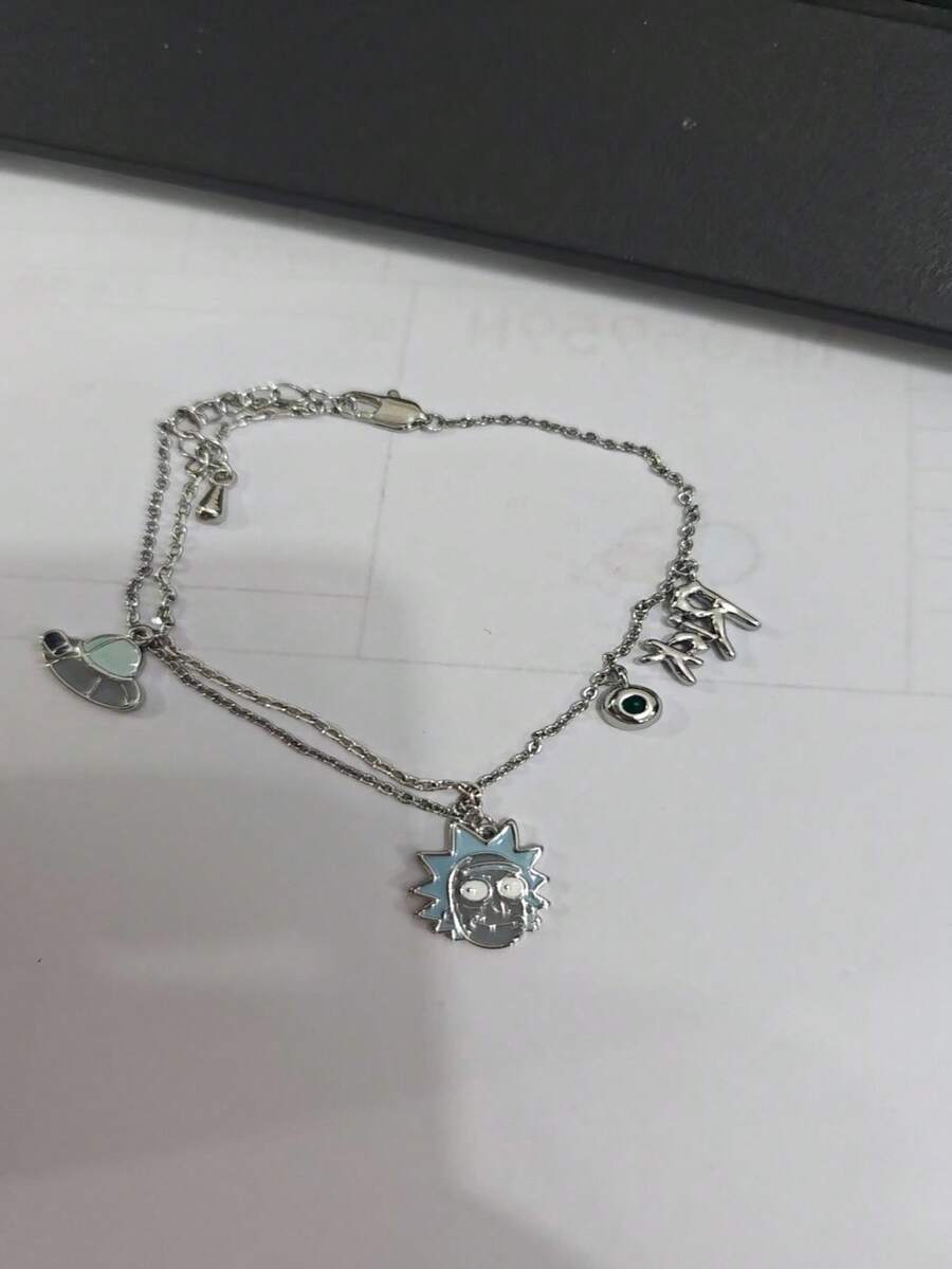 Rick and Morty X SHEIN Pulsera con diseño de letras, planetas y personajes de dibujos animados de moda - Plateado - Ver 1