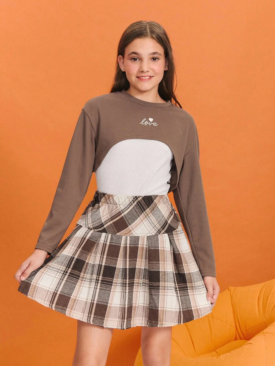 SHEIN Tween Girl Round Neck Long Sleeve Sweatshirt + Camisole + Plaid Mini Skirt Set - Coffee Brown - View 1