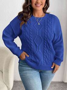 Maglione casual oversize da donna con collo rotondo, maniche a giro e motivo a treccia, in maglia