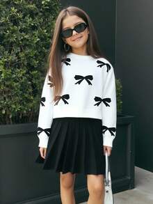 SHEIN Tween Girls Cute Bow Jacquard Knit Sweater And Knit Mini Skirt Set, Casual Daily Versatile Fashion Outfit Fall Winter - White - View 7