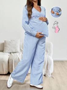 SHEIN 2件套孕妇条纹衬衫和可调节腰围阔腿裤 - 藍白色 - 查看 1