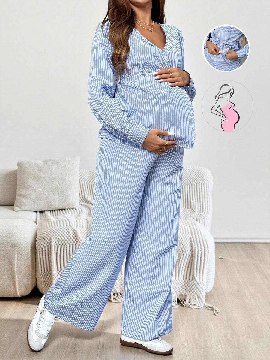 SHEIN 2件套孕妇条纹衬衫和可调节腰围阔腿裤 - 藍白色 - 查看 1