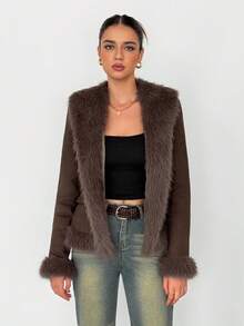 SHEIN Tall Women's Long Sleeve Open Front Faux Fur Fashion Jacket Women Brown Jacket In Fall/Winter - Brown - View 9