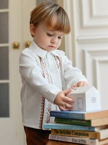 Souflis Souflis 2pcs Baby Boy Woven Waffle Collar Colorblock Print Long Sleeve Button Shirt & Straight Leg Casual Pants Set, Stylish For Spring/Autumn Everyday Wear Fall Winter - Multicolor - View 5