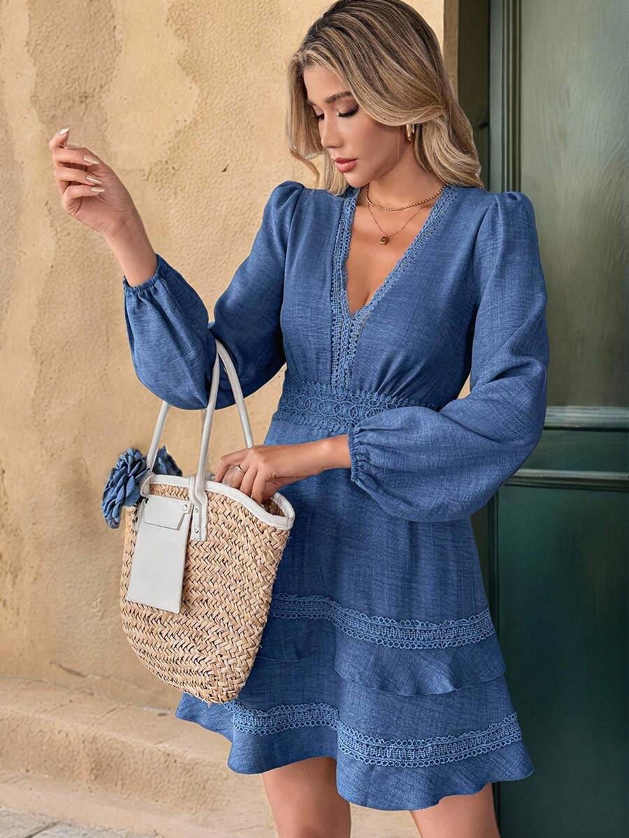 Breezaya Women's Solid Color Lace V-Neck Lantern Sleeve Fashion Dress Fall Cloth For Women