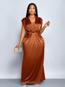 SOLERSUN Women Commute Minimalist Office Old Money Simple Lapel Neck Batwing Sleeve Ruched Bodycon Satin Dress Maxi Women Outfit - Brown - View 6