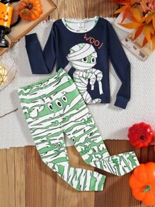 Bộ đồ ngủ liền thân Halloween cho bé trai tuổi teen, áo phông và quần dài phát sáng trong bóng tối, hiệu ứng phát sáng xanh lá cây, vải mềm co giãn, áo dài tay màu xanh nước biển và quần dài bó sát, đồ ngủ phát sáng trong bóng tối, Rave - Màu xanh hải quân - Xem 9