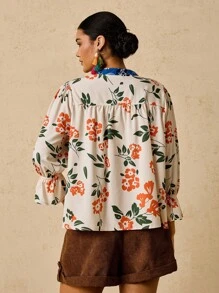 Travachic 大码女式花卉印花 V 领 3/4 袖收腰 A 字型衬衫，适合初秋