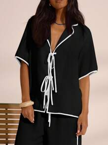 MUSERA Contrast Trim Tie Up Oversized Linen Look Shirt And Trousers Spring Summer Vacation Boho Ibiza Elegant Beach Cute Fall Winter Holiday - Black - View 4