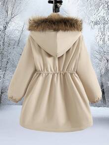 Tween Girl Casual Loose Thermal Lined Faux Fur Trim Hooded Mid-Length Parka Jacket Fall Winter - Apricot - View 2