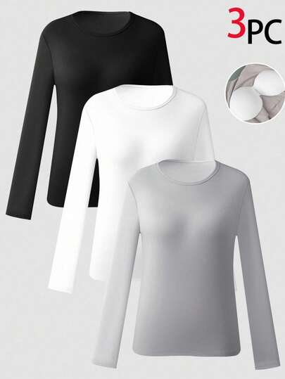 3pcs Teen Girl Basic Thermal Underwear Set, Includes Long Sleeve Crew Neck Top With Padded Bust, And Thermal Leggings, Can Be Worn Inside Or Outside, Autumn/Winter