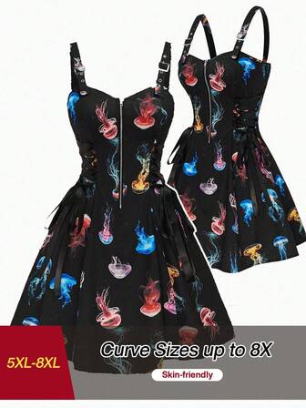 SHEIN CURVE+ 大码女式水母印花腰带深色哥特风格连衣裙