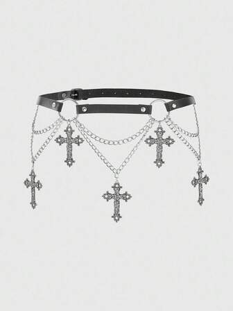 Goth 1 pieza Cinturón de cadena de doble capa con decoración de vid floral circular negra para mujer, accesorio de estilo punk para vestido, jeans, disfraz de Halloween