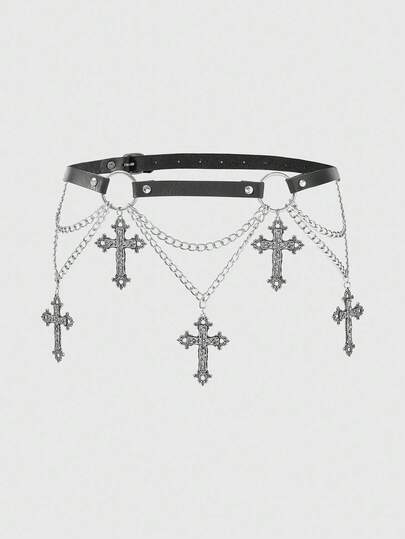 Goth 1pc Women's Black Circular Floral Vine Cross Decor Double Layer Chain Belt, Punk Style Decoration For Dress, Jeans, Halloween Accessory