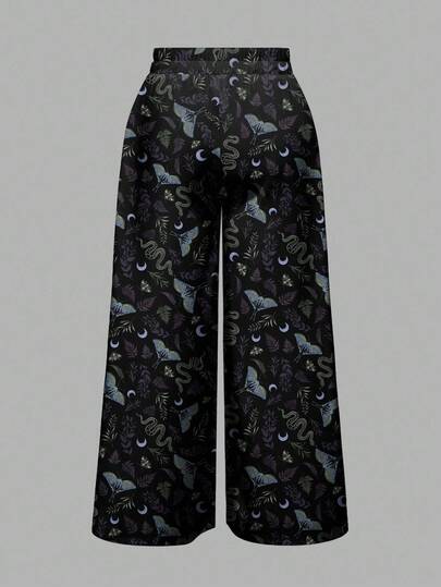 Goth Pantalones anchos y sueltos de talla grande con estampado negro de polilla gótica, planta, serpiente y luna, para Halloween