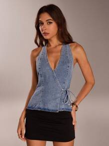 SHEIN Forever 21 女士时尚性感露背系腰牛仔衬衫 - 淺藍色 - 查看 3