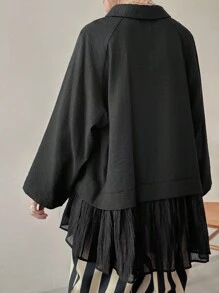 FRIFUL Blouse ample et polyvalente pour femmes, en tissu transparent avec manches raglan, ourlet patchwork et couleur noire unie. Convient pour l'automne/hiver