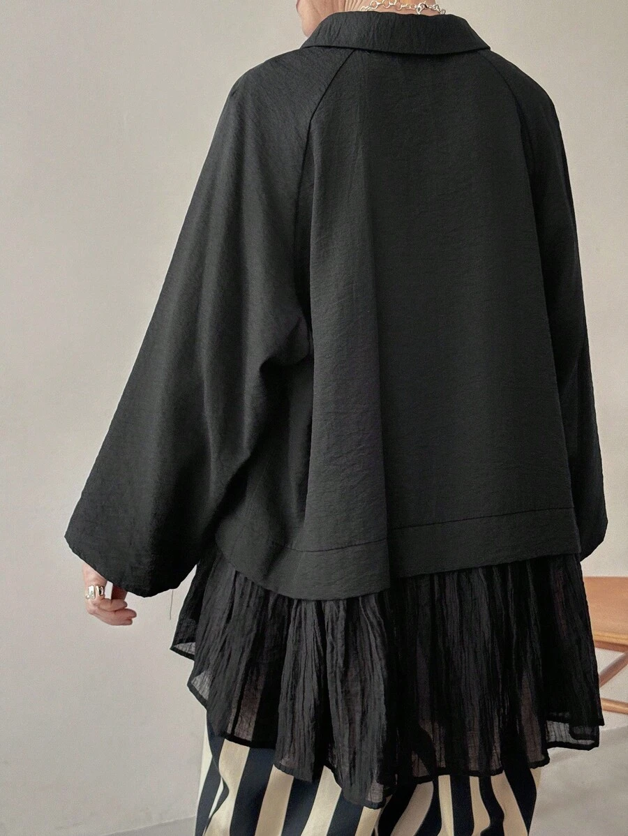 FRIFUL Blouse ample et polyvalente pour femmes, en tissu transparent avec manches raglan, ourlet patchwork et couleur noire unie. Convient pour l'automne/hiver