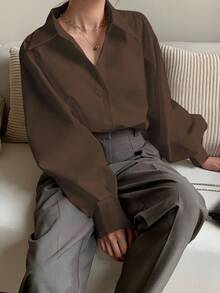 INAWLY 女士纯色灯笼袖单排扣休闲通勤衬衫 - 棕色 - 查看 6